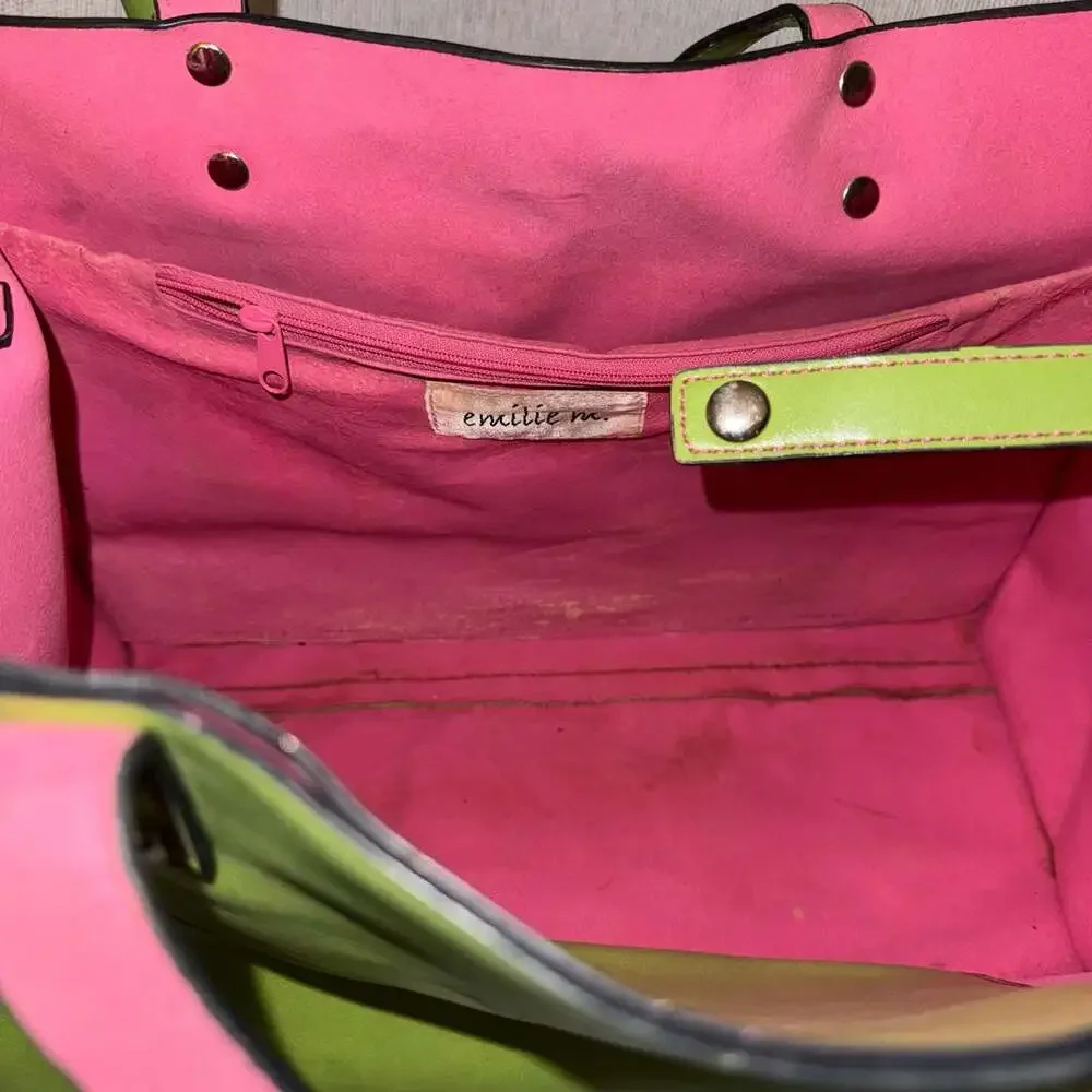 Emilie M Lime Green & Hot Pink Oversized Tote Bag Colorblock Shoulder Purse
